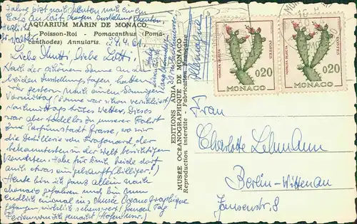 Ansichtskarte  Fisch Poisson-Roi Pomacanthus Aquarium Marin de Monaco 1961