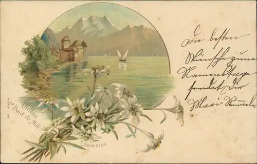 Ansichtskarte Litho AK Chillon Chillon et Dent du Midi mit Edelweiss 1900