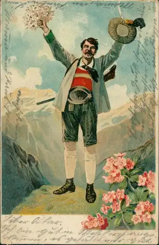 Künstlerkarte Mann in den Bergen 1905     Kreuzlingen (Ankunftsstempel)