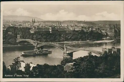Ansichtskarte Koblenz Totale, Brücke - Dampfer Steamer 1929