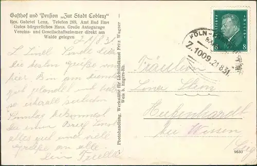 Bad Ems Gasthof  Pension Zur Stadt Coblenz, Stadt 2B 1931  gel. Bahnpoststempel