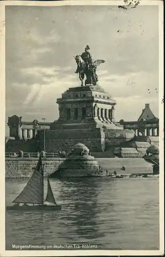 Ansichtskarte Koblenz Morgenstimmung am deutschen Eck, Segelboot 1928