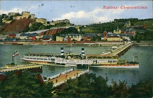 Ehrenbreitstein-Koblenz Rheindampfer Rhein Schiff mit Burg Panorama 1930