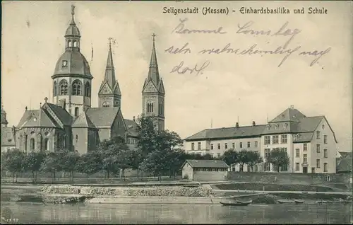 Ansichtskarte Seligenstadt Einhardsbasilika und Schule 1929