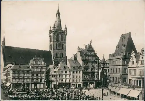 Trier Hauptmarkt, belebt - Tengelmann, Mützenfabrik Schirme - Fotokarte 1931