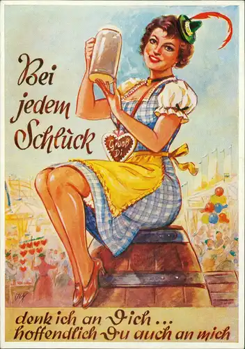 Humor Karte Frau in Bayr. Trachtenkleidung mit Bier auf Bierfass 1970