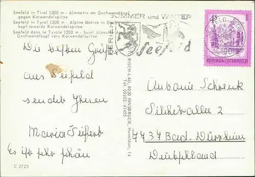 Ansichtskarte Seefeld Panorama-Ansicht, Alm-Motiv gegen Karwendelspitze 1981