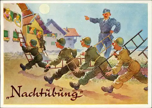Soldaten-Humorkarte Humor Nachtübung mit Soldaten stellen Leiter bei Frauen 1960