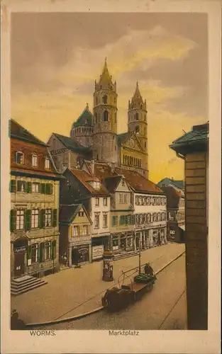 Worms Marktplatz, Litfaßsäule, Apotheke, Geschäfte u. Dom 1920