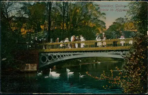 Ansichtskarte Düsseldorf Brücke mit Personen im Hofgarten 1910