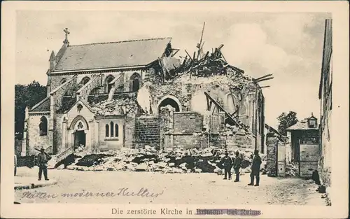 1. WK Zerstörte Kirche   Brimont Reims 1910   Feldpost  nach Oschatz