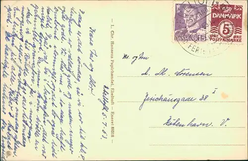 Postcard Ebeltoft Ortsansicht, Personen vor Wohnhaus 1953