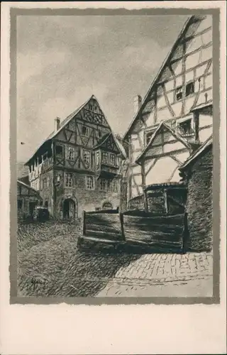 Ansichtskarte Michelstadt Alte Häuser mit Patrizierhaus (Künstlerkarte) 1950