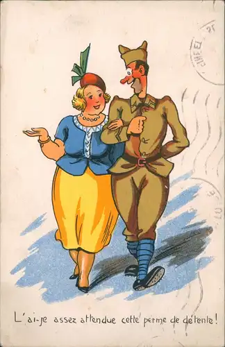 Humor-Karte (aus Frankreich) Soldat in Uniform führt Dame aus 1953