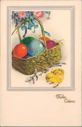 Glückwunsch Ostern (Easter) Küken und Korb voller Ostereier 1940