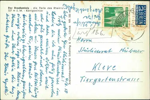 Ansichtskarte Königswinter Drachenfels Drachenburg Rhein Partie 1950