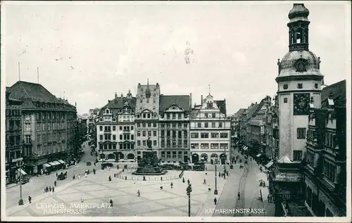 Ansichtskarte Leipzig Katharinenstrasse, Hainstrasse und Markt 1931