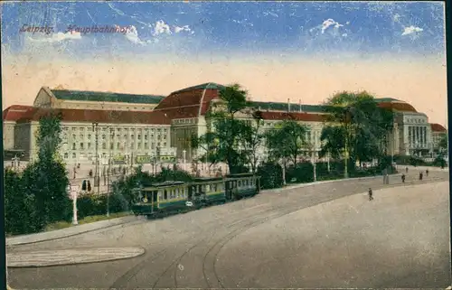 Ansichtskarte Leipzig Hauptbahnhof, Straße und Straßenbahn 1920