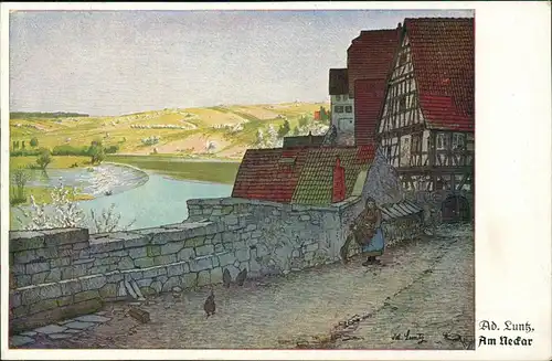 Ansichtskarte  Künstlerkarte: Am Neckar 1918  gel. Feldpost mit Vignette