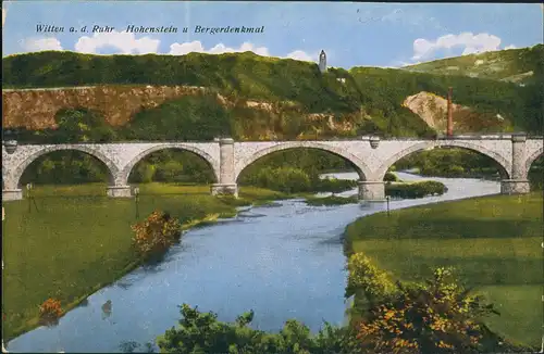 Witten (Ruhr) Ruhr Brücke mit Hohenstein u. Berger-Denkmal 1910