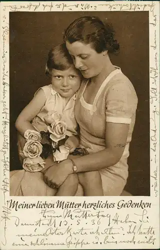 Ansichtskarte  Glückwunsch Muttertag Kind, Herzliches Gedenken 1936