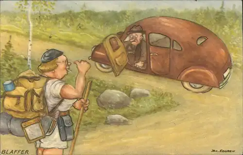 Ansichtskarte  Humor-Karte (Dänemark) "Blaffer" Tramper kaputtes Auto 1954