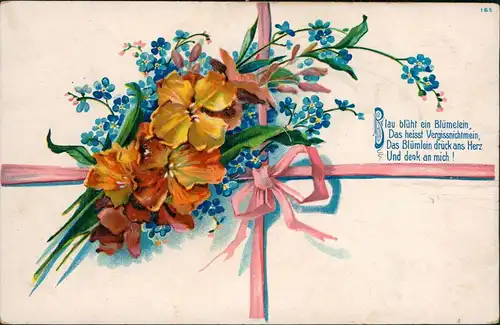 Blumen  Blümelein, Vergissnichtmein, Und denk an mich 1920 Prägekarte