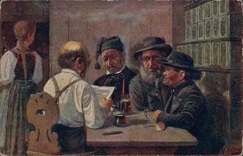Ansichtskarte  Künstlerkarte Kunstwerk "Dorfpolitiker" 1910