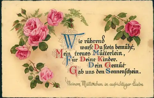 Ansichtskarte  Glückwunsch - Muttertag Sruch von Rosen umrandet 1922