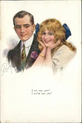 Liebe Liebespaare - Love I wo say "yes" wo'nt say ,,no" Künstlerkarte 1914