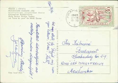 Postcard Prag Praha Kleinseitner Brückentürme 1960