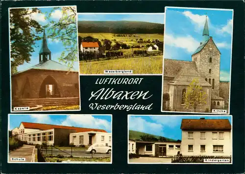 Albaxen Ortsansichten Mehrbild-AK u.a. Kirche, Schule, Kindergarten 1974