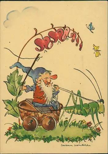 Ansichtskarte  Künstlerkarte: Heuschrecke zieht Zwerg im Bollerwagen 1950