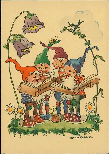 Künstlerkarte: Gnome Zwerge Kobolde singen aus dem Liederbuch 1950