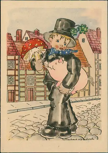 Künstlerkarte: Schornsteinfeger mit Glückssymbolen Pilz Schwein Kleeblatt  1950