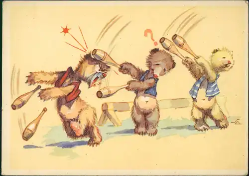 Humorkarte: Bären mit Jongleur-Kegeln hauen sich gegenseitig 1950