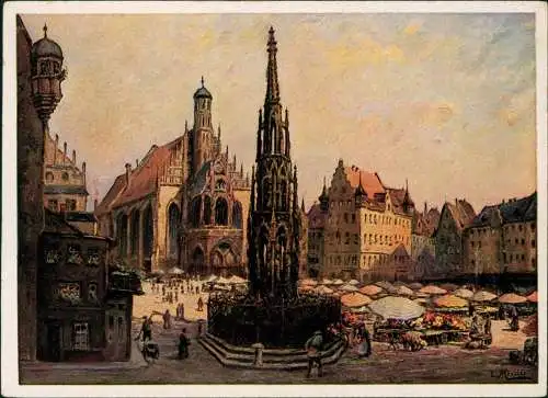 Nürnberg Künstlerkarte Mößler: Marktplatz, Schöner Brunnen und Frauenkirche 1930