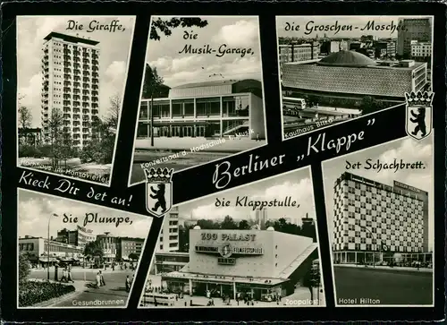 Berlin Mehrbild-AK Berliner Klappe, u.a. "Giraffe", "Groschen-Moschee" uvm. 1961