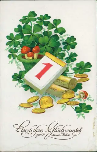 Ansichtskarte  Neujahr Sylvester New Year Münzen Fliegenpilz Kleeblatt 1942
