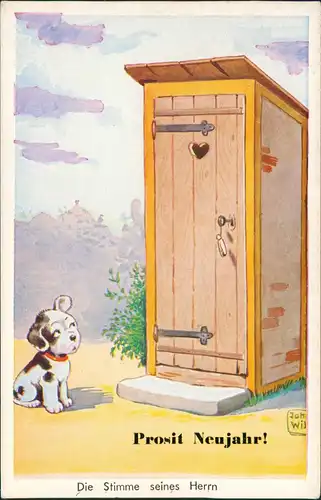 Ansichtskarte  Prosit Neujahr! Die Stimme seines Herrn Hund vor dem Klo 1962