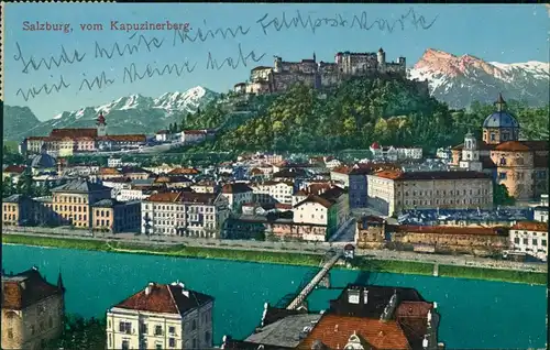 Ansichtskarte Salzburg vom Puzinerberg 1915  gel. Feldpost mit Zensurstempel KuK
