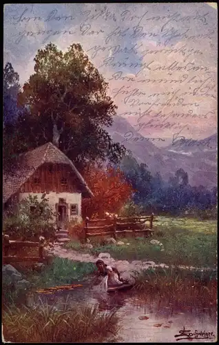 Signierte Künstlerkarte Gemälde Stimmungsbild Frau wäscht am Bach 1910