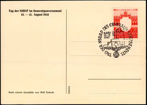 Militär/Propaganda 2.WK Tag der NSDAP im Generalgouvernement 1943  mit "Krakau"-Marke und passendem Sonderstempel