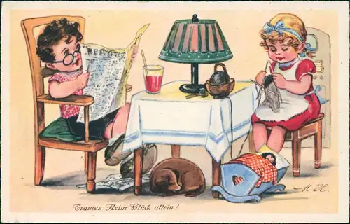 Ansichtskarte  Kinder Künstlerkarte am Tisch Jung auf Alt 1956