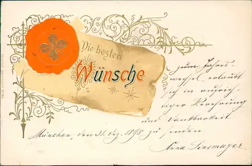 Neujahr Sylvester New Year Gold-Kleeblatt - Gold-Ornament 1899 Prägekarte