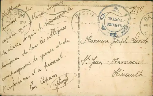 CPA Bastia Le Place Saint Nicolas 1917  gel. Stempel Militaire Service Postal