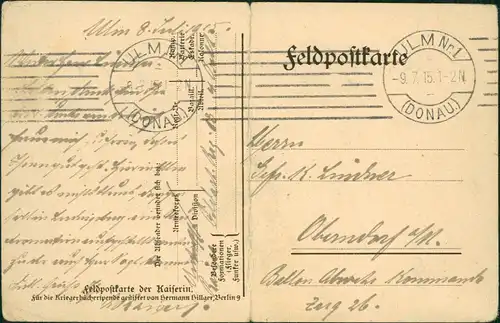 Adel   Kaiserin Feldpostkarte 1915 Passepartout  gel. Feldpost Rollstempel Ulm