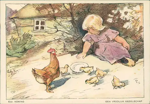 Ansichtskarte  Kinder Künstlerkarte Mädchen auf dem Bauernhof 1930