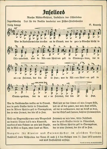 Ansichtskarte  Liedkarte "Inselleed" mit Text Noten 1940