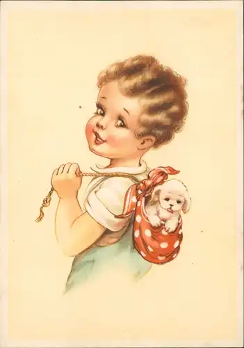 Menschen/Soziales Leben: Kind mit kleinem Hund im Rucksack 1950